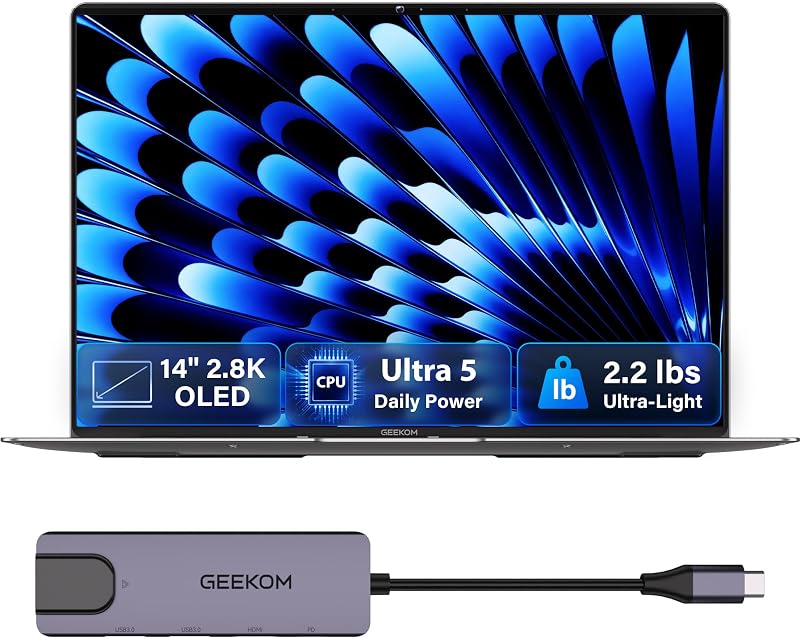 GEEKOM GeekBook X14 Pro Laptop, 2.2 lb Ultra Thin 14" 2.8K OLED Notebook | Ultra 5, 16GB LPDDR5 RAM 512GB SSD, Up to 16 Hours, 2X USB4, Fingerprint, Privacy Shutter, Backlit keyboard, Windows 11, Hub