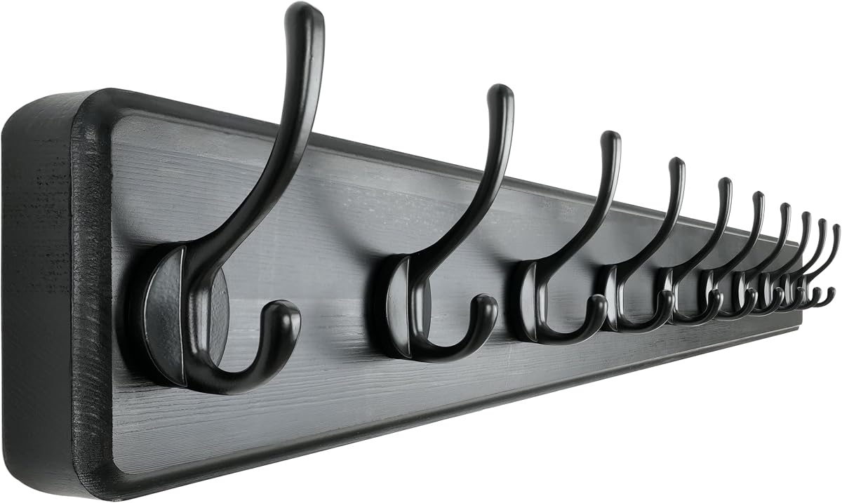 Perchero de pared: 38-1/4 pulgadas de largo, patentado, resistente, 10 ganchos dobles, perchero de madera montado en la pared, perchero para abrigos de invierno, sombreros, chaquetas, ropa, negro