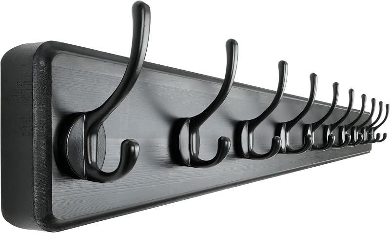 Perchero de pared: 38-1/4 pulgadas de largo, patentado, resistente, 10 ganchos dobles, perchero de madera montado en la pared, perchero para abrigos de invierno, sombreros, chaquetas, ropa, negro