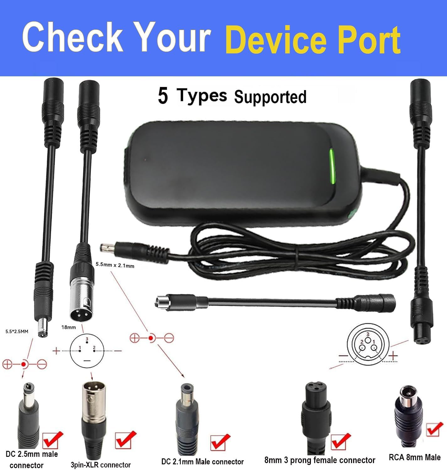 42V 2A Charger with 4 Plugs Connections for 36 Volt 10S Battery Pack