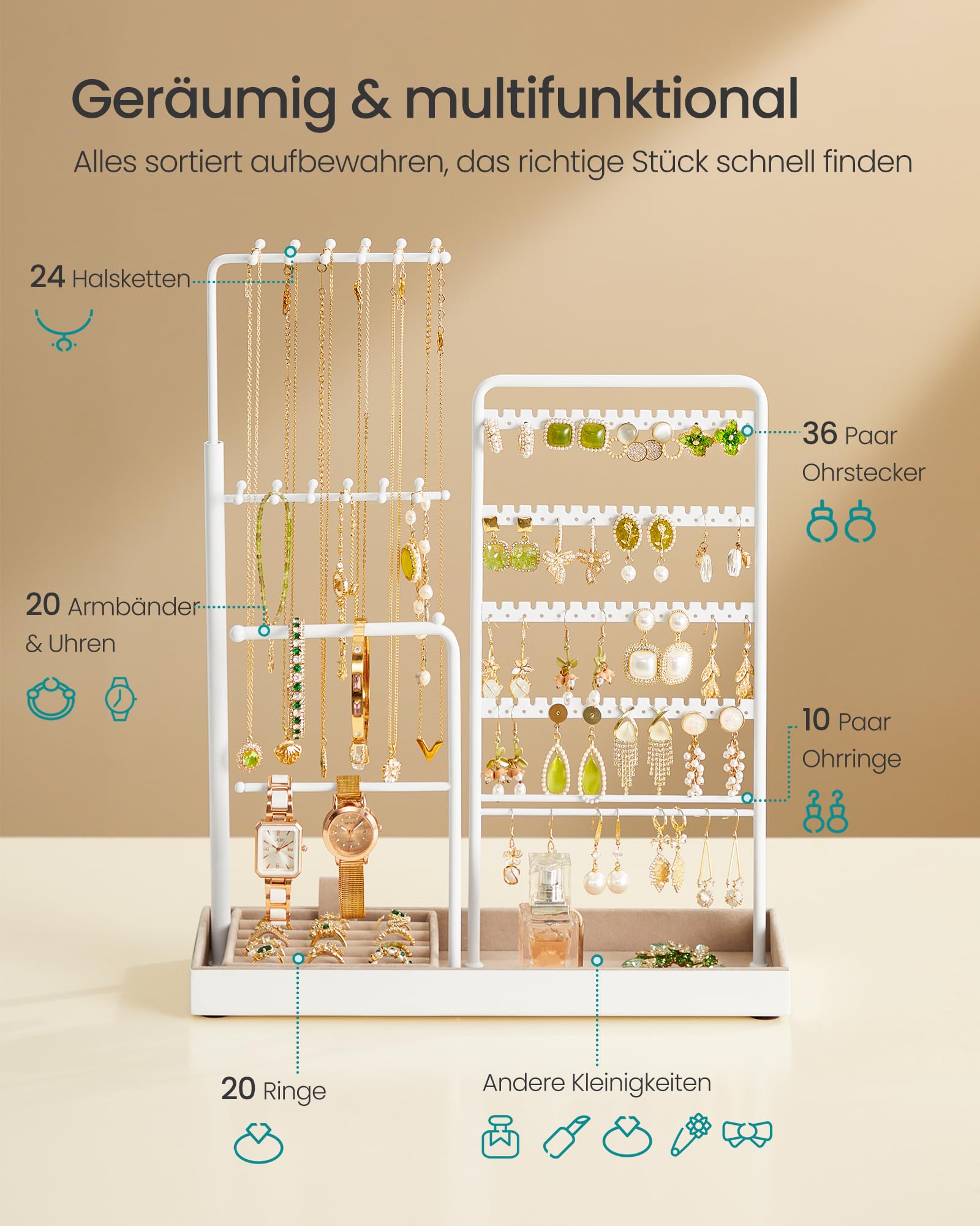 SONGMICS Schmuckständer, Schmuckhalter, Metallrahmen, Schmucktablett Samt, ausziehbarer Kettenhalter, 30,9-47,5 cm hoch, Schmuckaufbewahrung, mattweiß JJS026W01