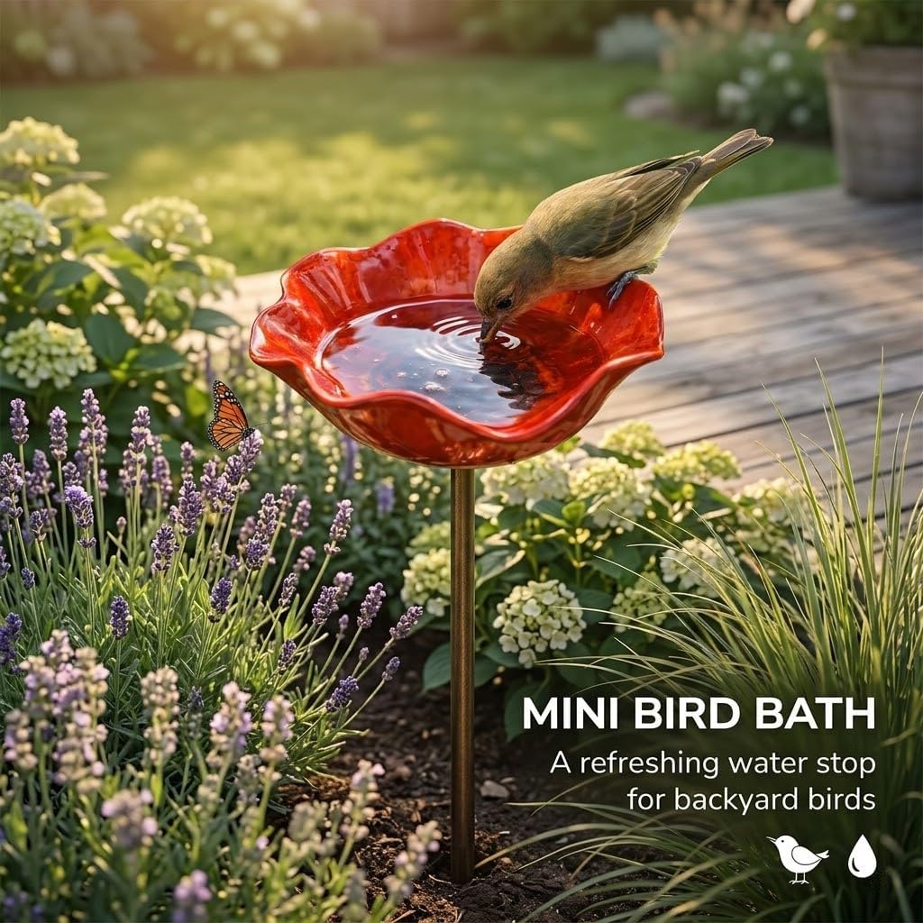 3-in-1 Metal Flower Garden Stake & Mini Bird Bath – Rustproof Bee Watering Station, Shallow Butterfly Puddler & Hummingbird Feeder, Decorative Outdoor Yard Art Decor Gift for Lawn Patio (5pc)