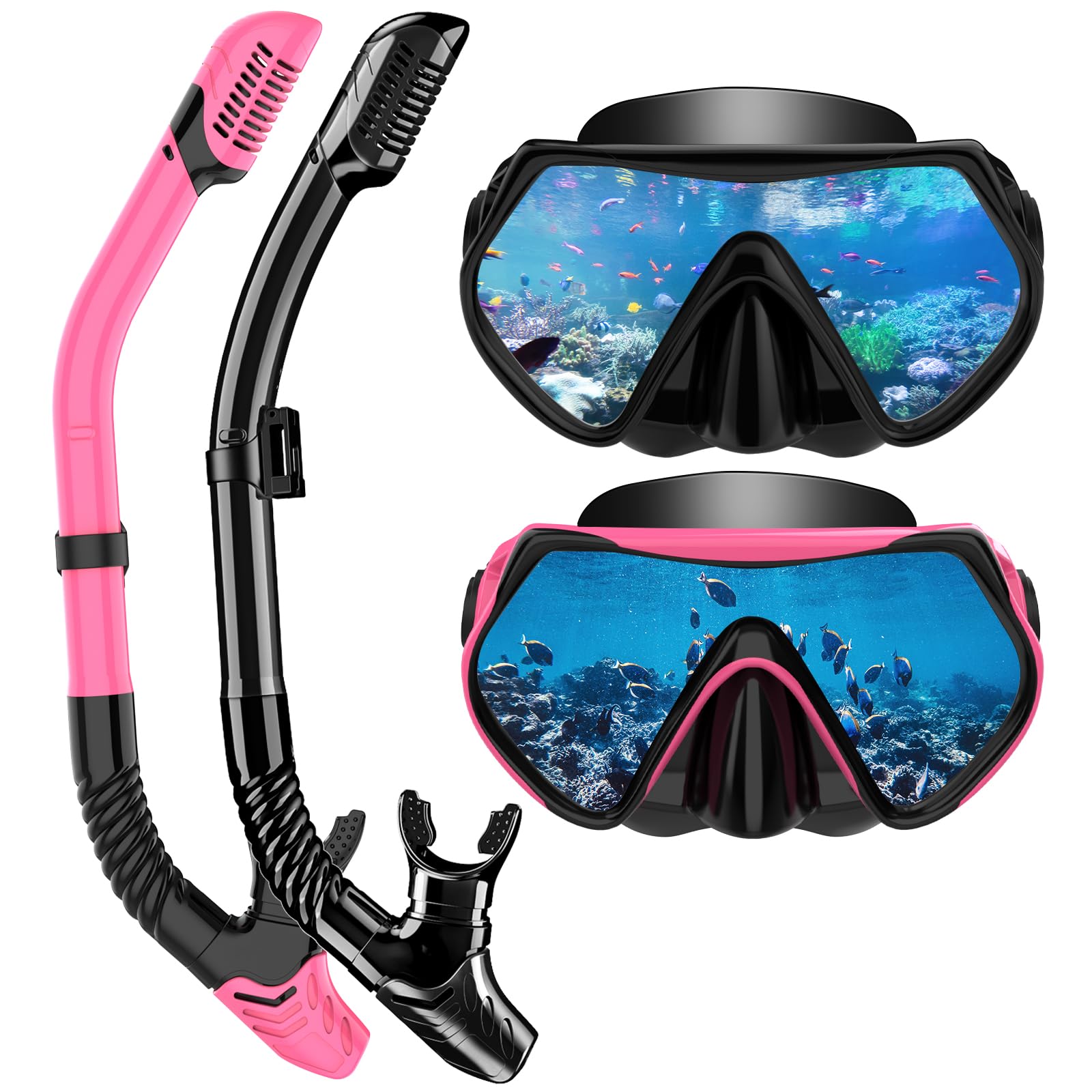 Snorkeling Gear for Adults, Snorkel Set Scuba Diving Mask Dry-Top, Adult Swimming Goggles with Nose Cover, HD Tempered Glass Panoramic Anti-Leak Anti-Fog