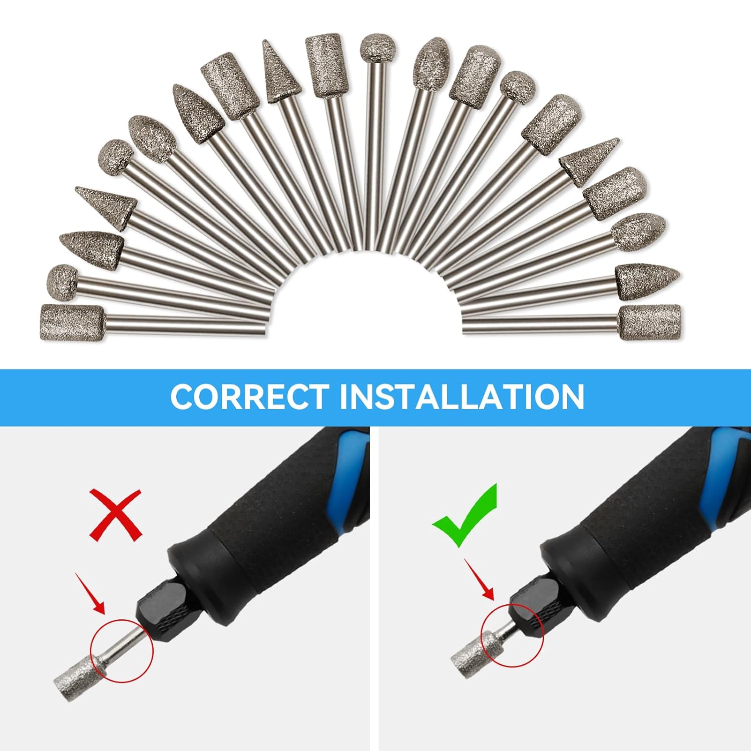 Diamond Drill Grinding Bit Set, 20PCS Polishing Kits Rotary Tool Accessories with 1/8 Inch Shank for Carving, Engraving, Grinding, Polishing Stone, Glass, Jewelry, Ceramics, Rock