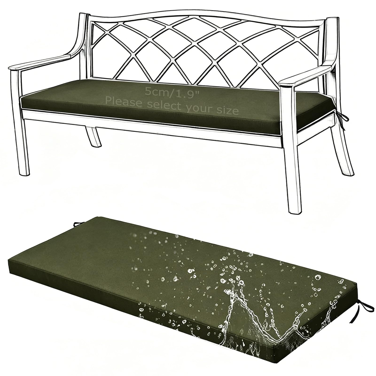 Miecoae Bench Cushions with Ties for Outdoor Furniture 5cm/1.9" Thick, Waterproof 80% Comfortable Cushion for Patio Porch Swing Garden Bench Seat Cushion for Indoor Sofa Bay(170x25 cm 67x10 in)