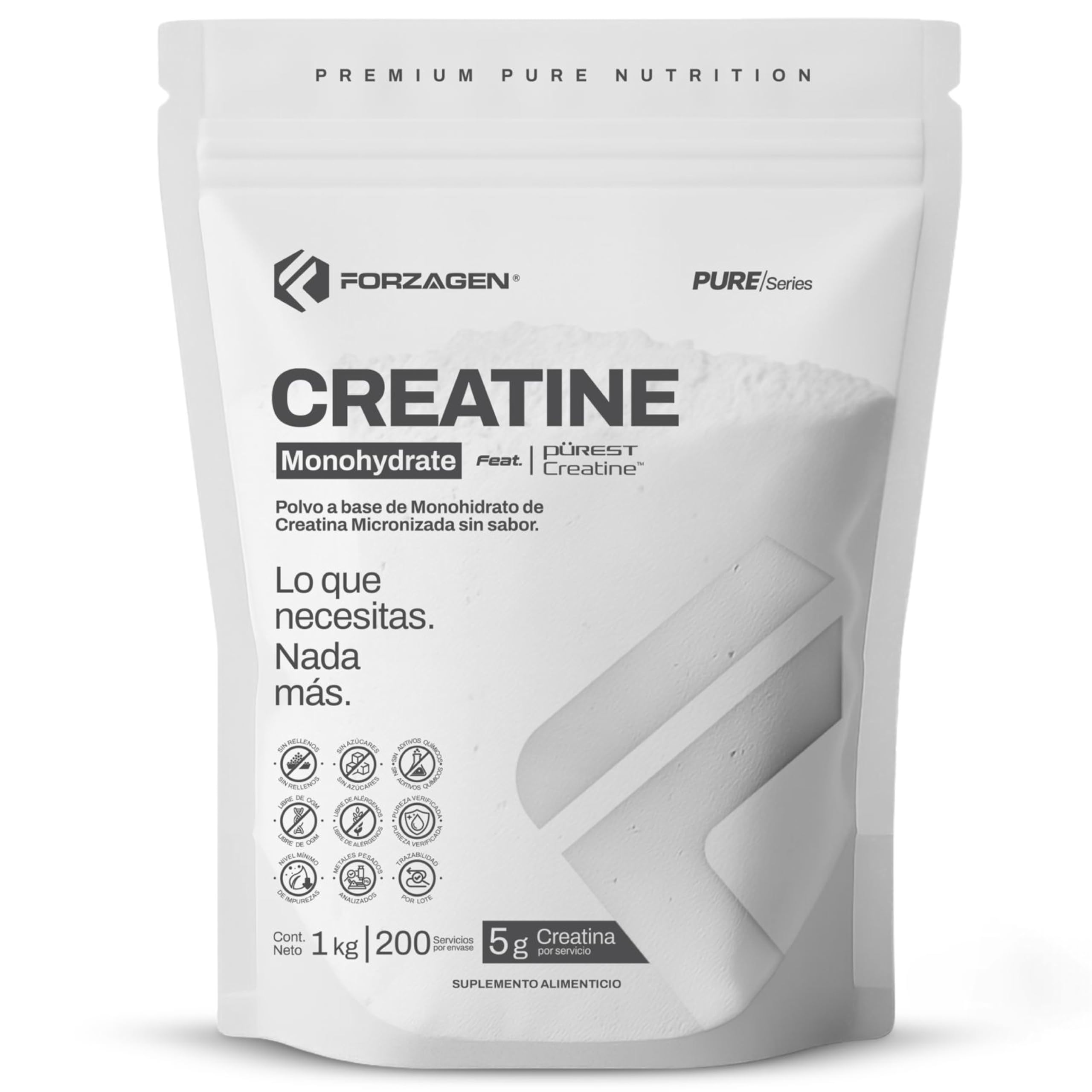 Forzagen Pure Series - Creatina Monohidratada Micronizada (1 kg) - 200 Servicios de 5g - Pürest Creatine™, Sin Sabor, Alta Solubilidad, Kosher, Vegana, Keto Friendly, Libre de Rellenos y Gluten.