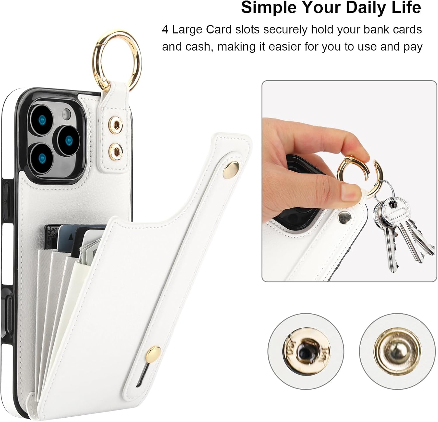 Folosu for iPhone 16 Pro Max Wallet Case with Card Holder, Hand Wrist Strap Loop Holder Kickstand, RFID Blocking Finger Grip Ring PU Leather Double Buttons Shockproof Cover 6.9" White - Image 4