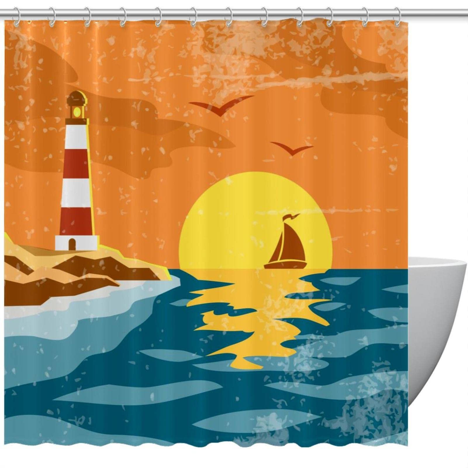 Rideau de douche rétro imperméable 183x183 motif phare de mer coloré pour bain
