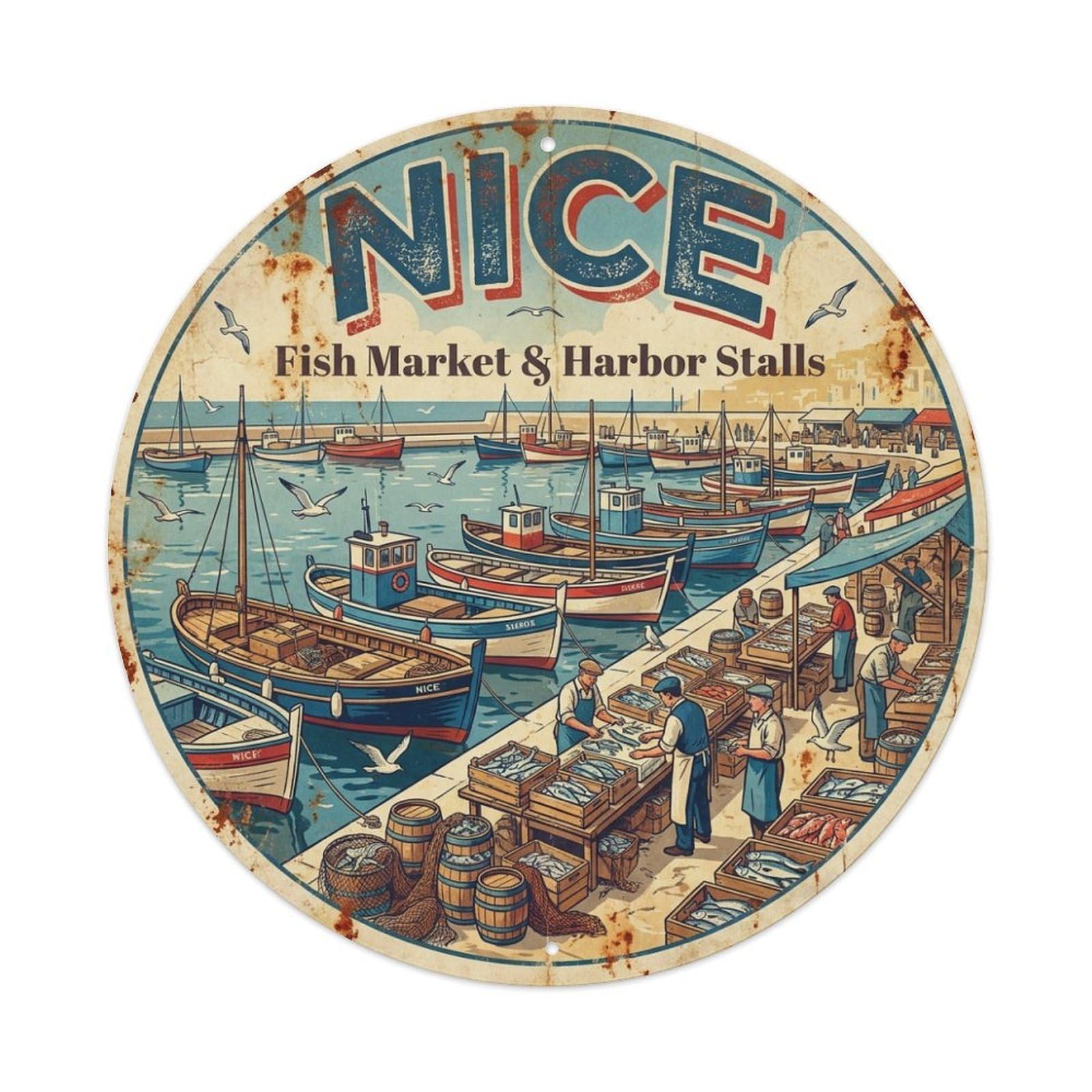Olhnbad Style Cuisine Culture Nice Fish Market Harbor Stalls Travel Metal Tin Sign