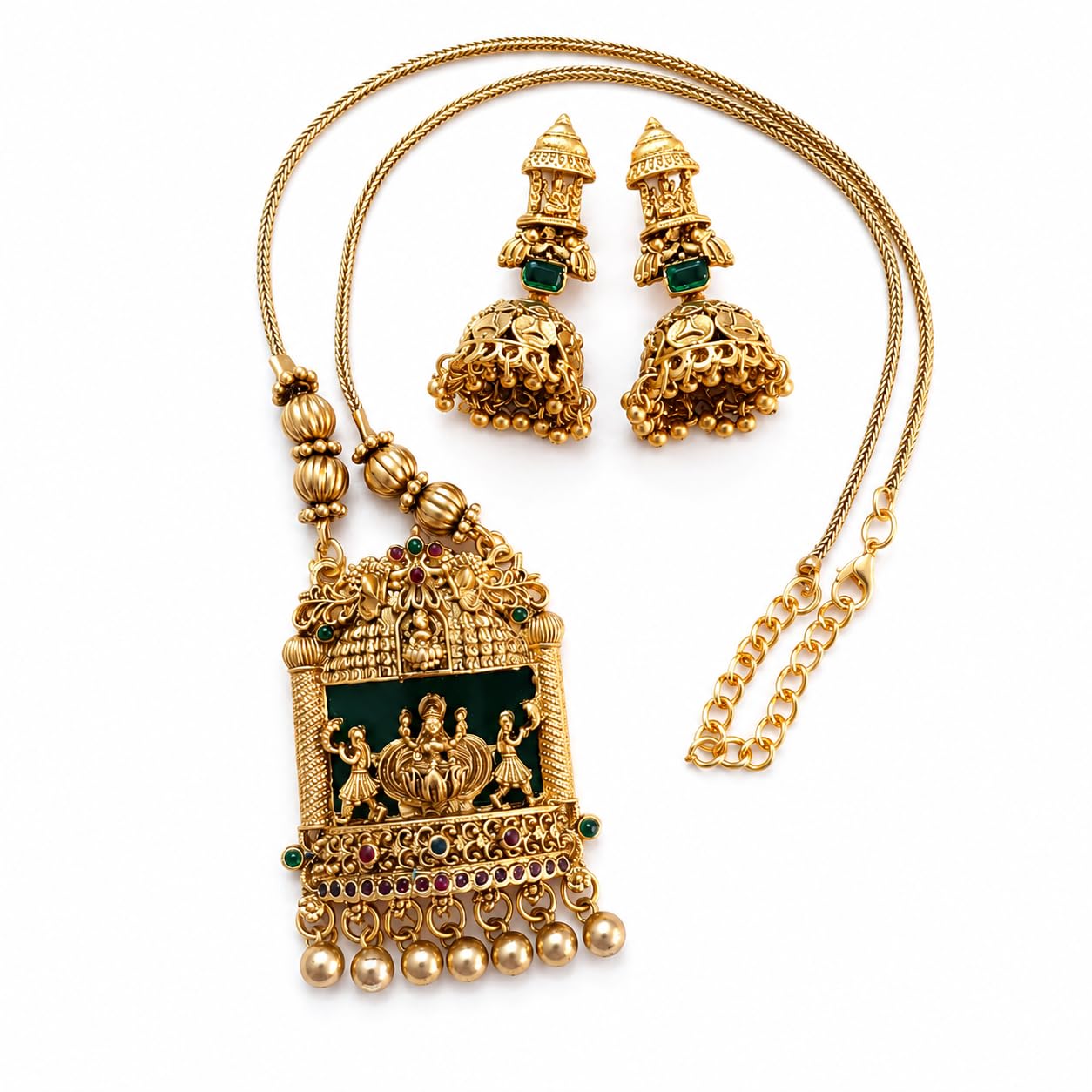Matte Finish Lakshmi Pendant Mid Long Necklace, Green-image-32