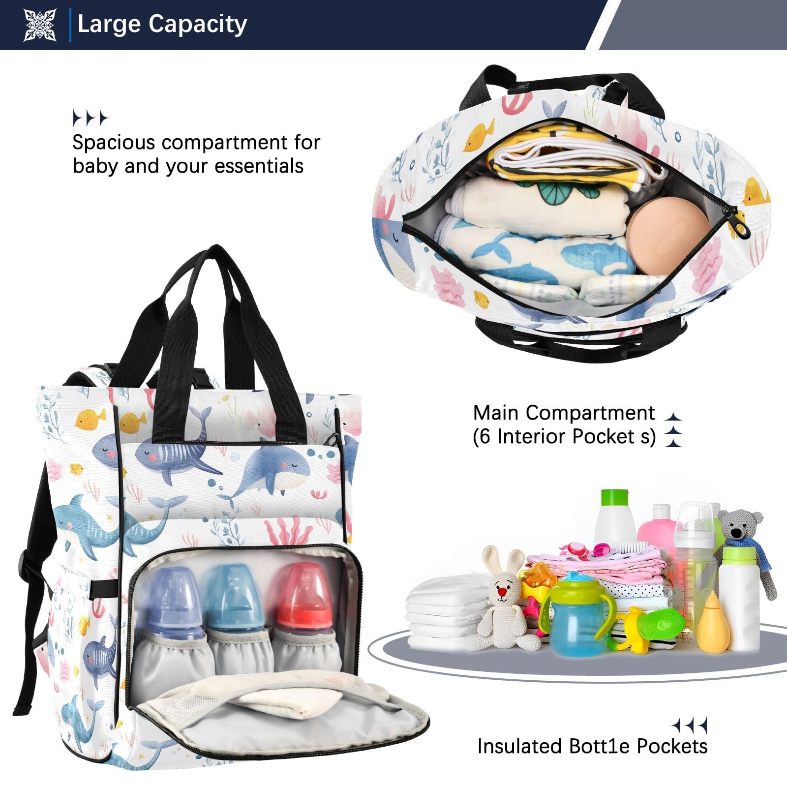 Mnsruu Mochila para pañales de bebé con diseño de animales marinos y acuarela, bolsa grande, impermeable, para viajes, para mamás y papás