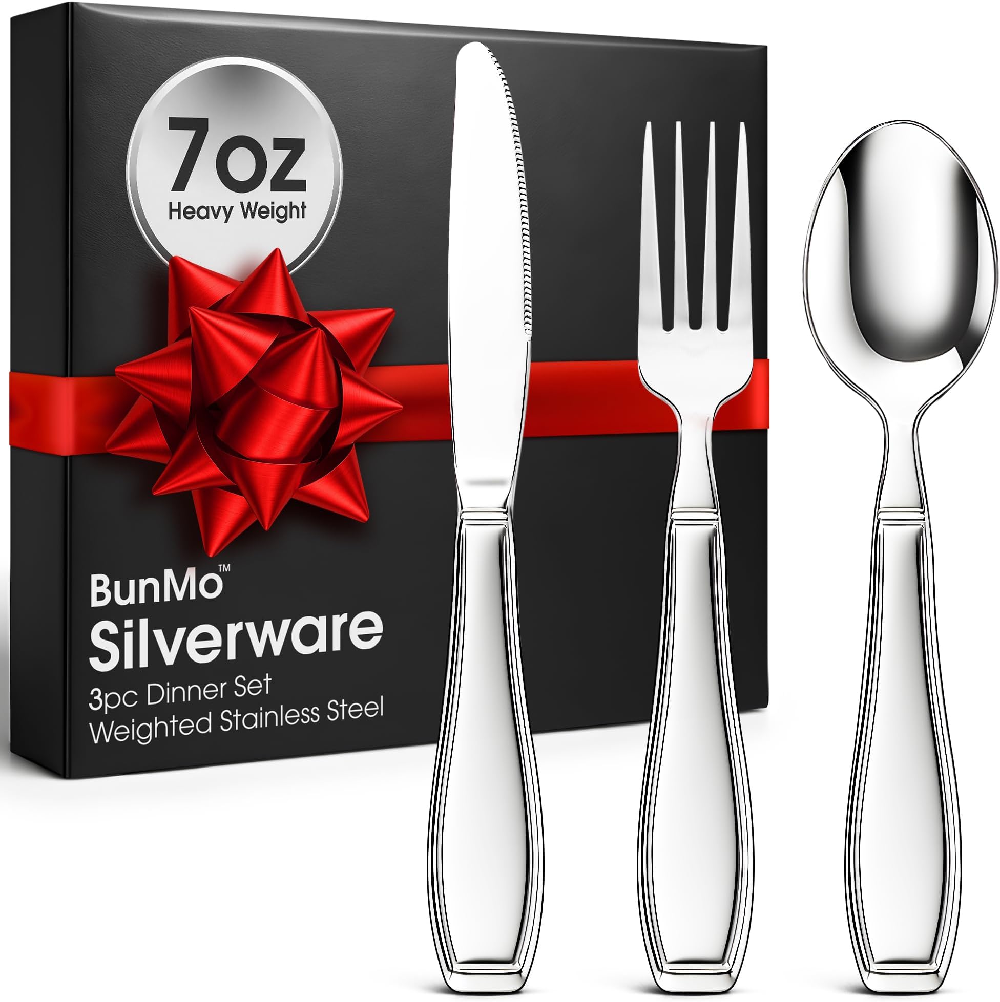BUNMO Utensils for Elderly, Arthritis, Weak Hand Grip & Handicapped - for Tremors and Parkinsons Patients - Stainless Steel - Eat Independently - Weighted 3 Piece Set