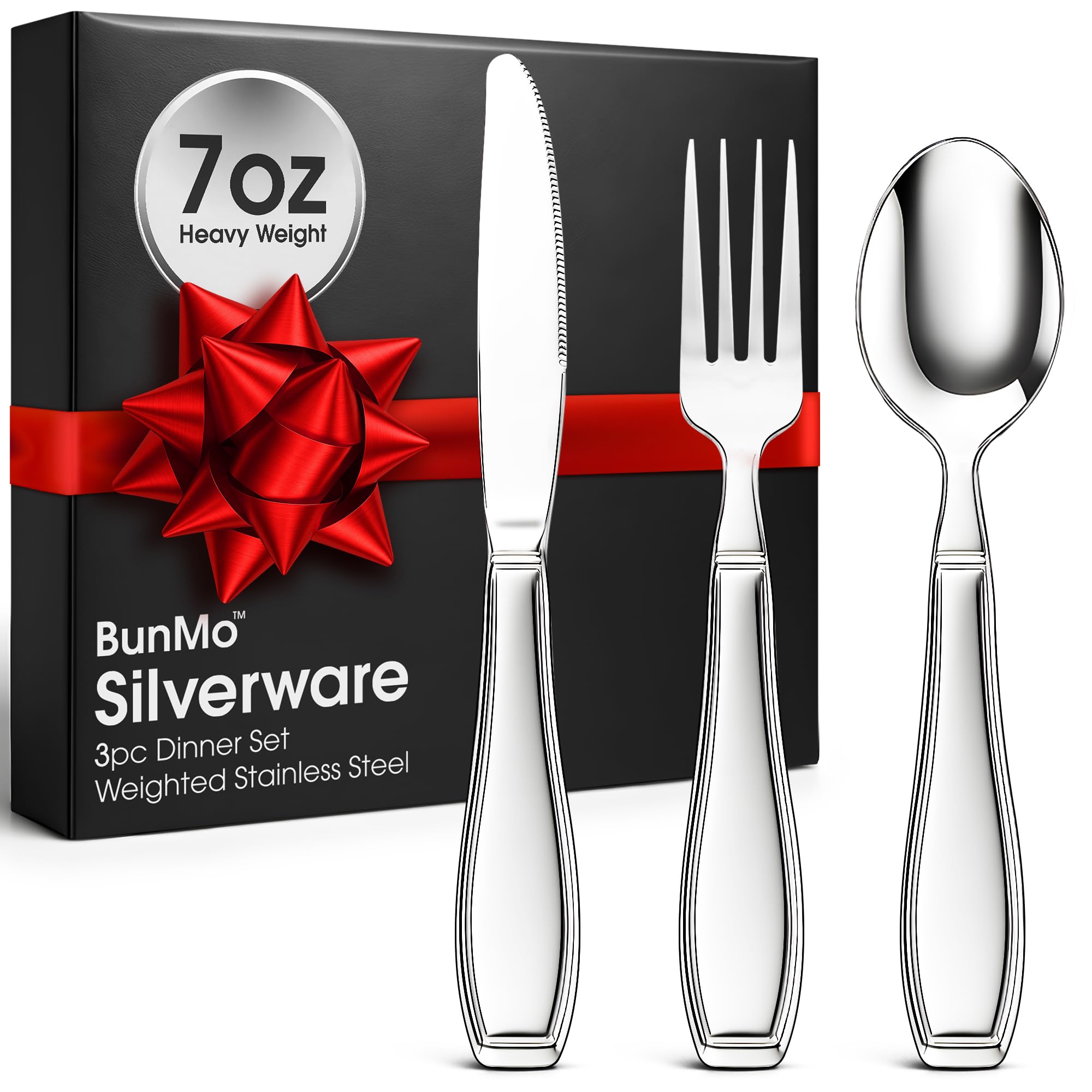 BunMo Weighted Utensils for Tremors and Parkinsons Patients - Heavy Weight Silverware Set of Knife, Fork and Spoon - Parkinsons Gifts for People with Parkinson's - Adaptive Eating Flatware (3 Pieces)