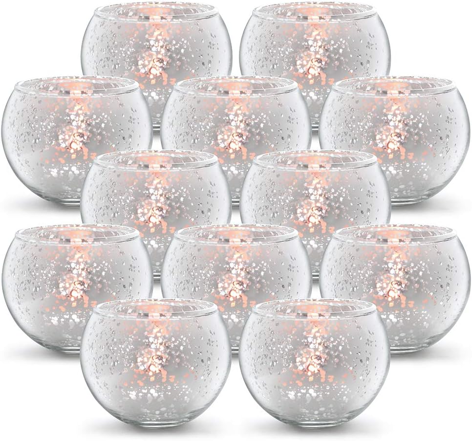 Volens Round Silver Votive Candle Holders, Mercury Glass Tealight Candle Holder Set of 12