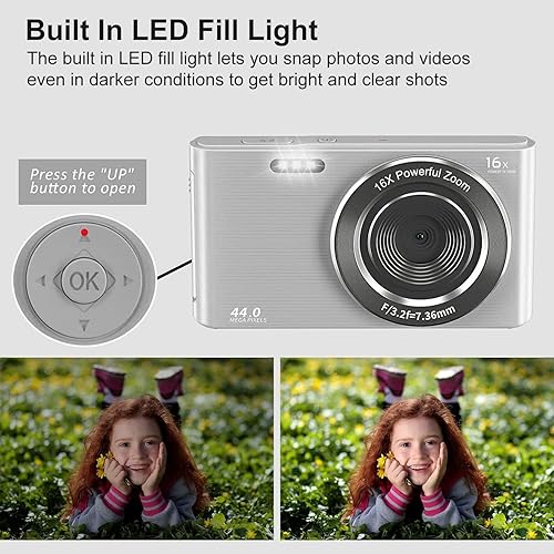 Miniatura 3 de Acuvar Cámara digital compacta de apuntar y disparar de 44 MP, zoom digital de 16X, pantalla de 2.4 pulgadas y tarjeta SD de 32 GB, lector de