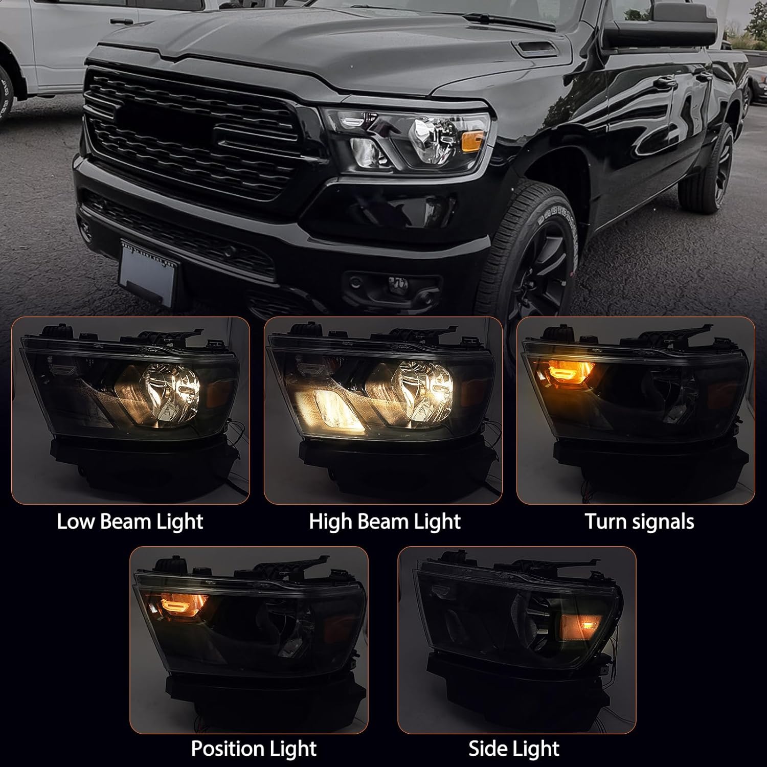 FIONE Halogen Headlights Assembly Compatible with Dodge Ram 1500 2019-2022 Replacement Headlamp with Black Frame Driver Left Side LH 68316087AD 68316087AH