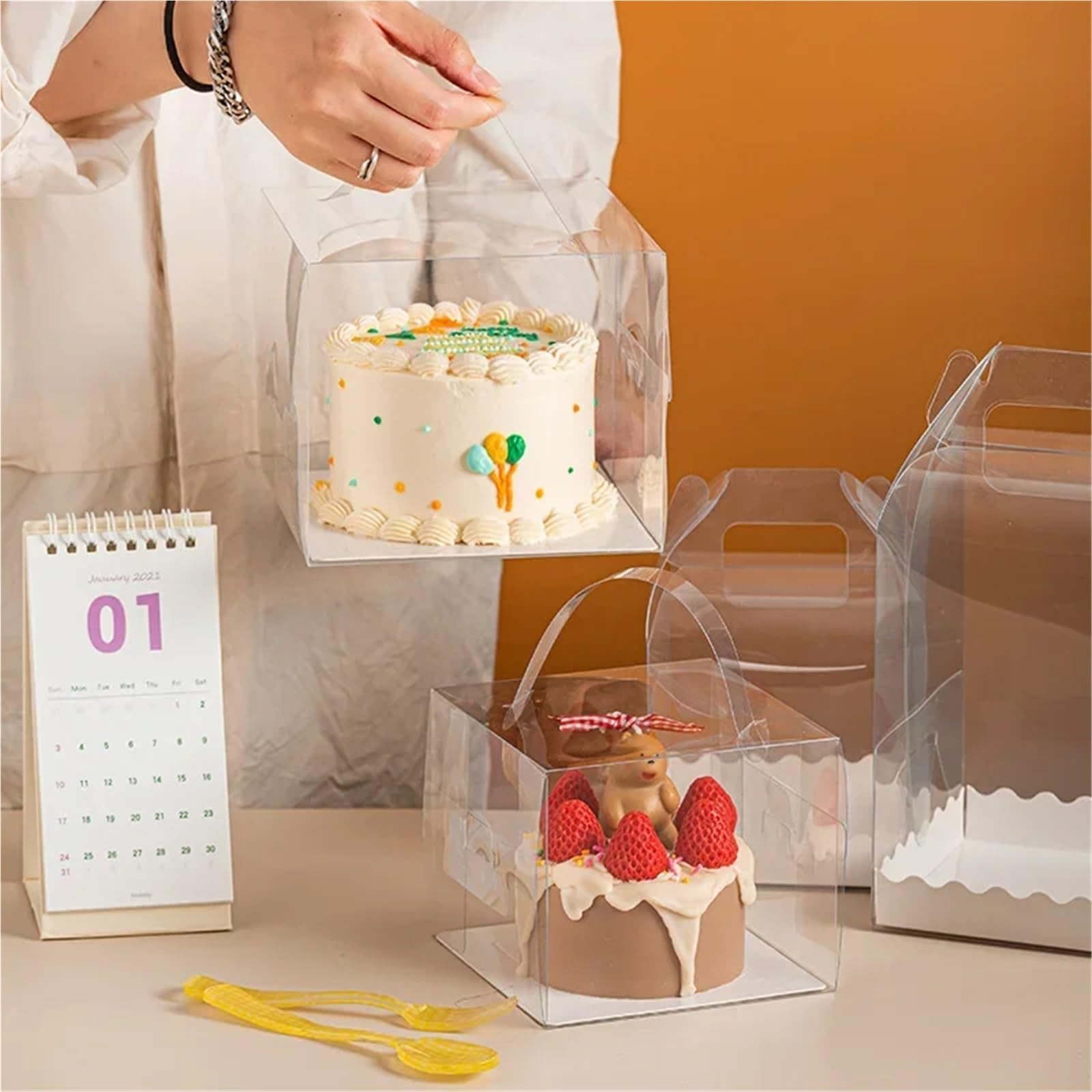 Caja embalaje 5Pcs Handheld Transparent Birthday Cake Box Baking Clear Plastic Cupcake For Weddding Party para tartas(16x16x16cm)