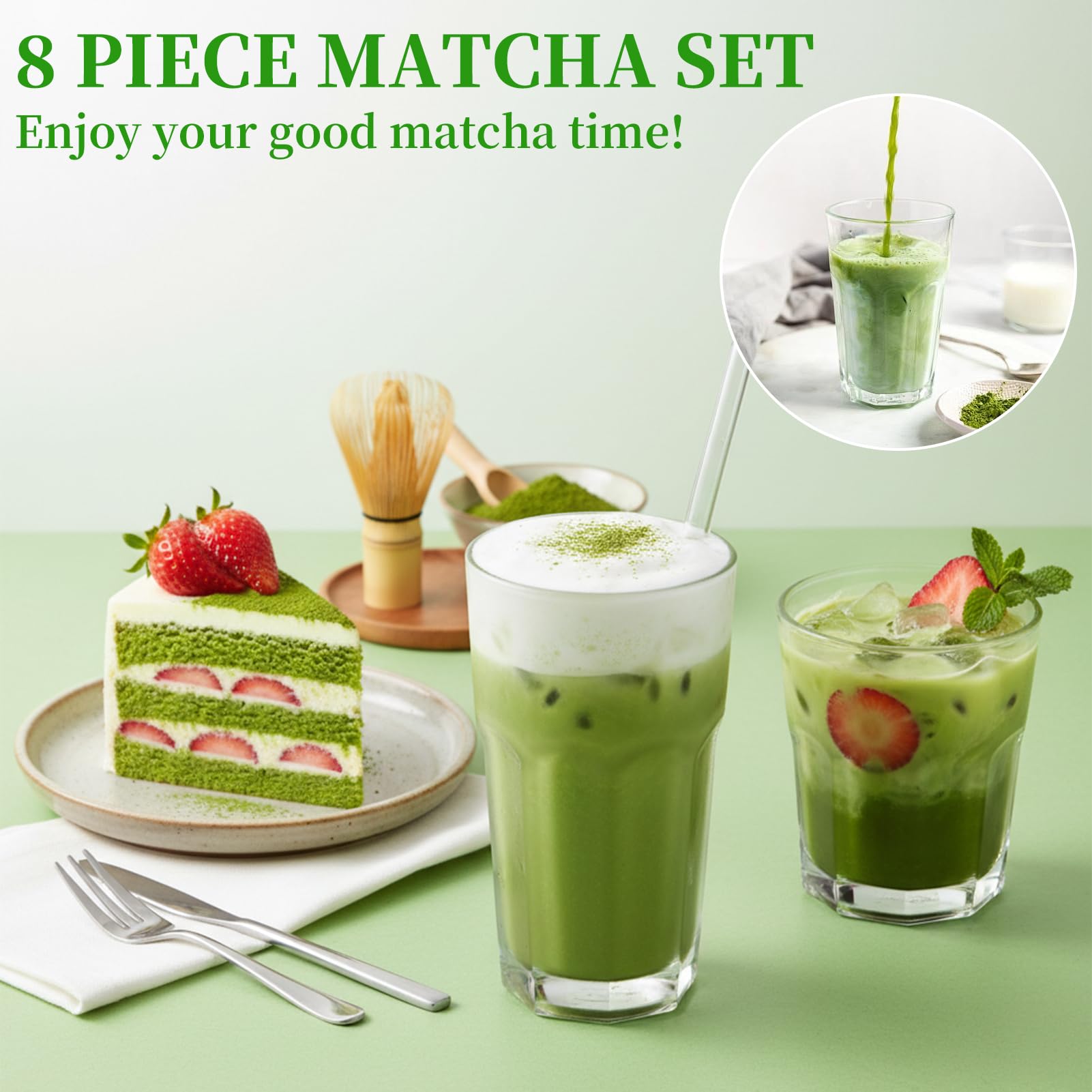 Matcha zestaw 8 sztuk herbaty matcha do przygotowywania kawy z mlekiem | Zestaw miotły do matchy, miska do matchy z dzióbkiem, zestaw trzepaczek do matchy i miska z łyżką i sitkiem, kolor zielony
