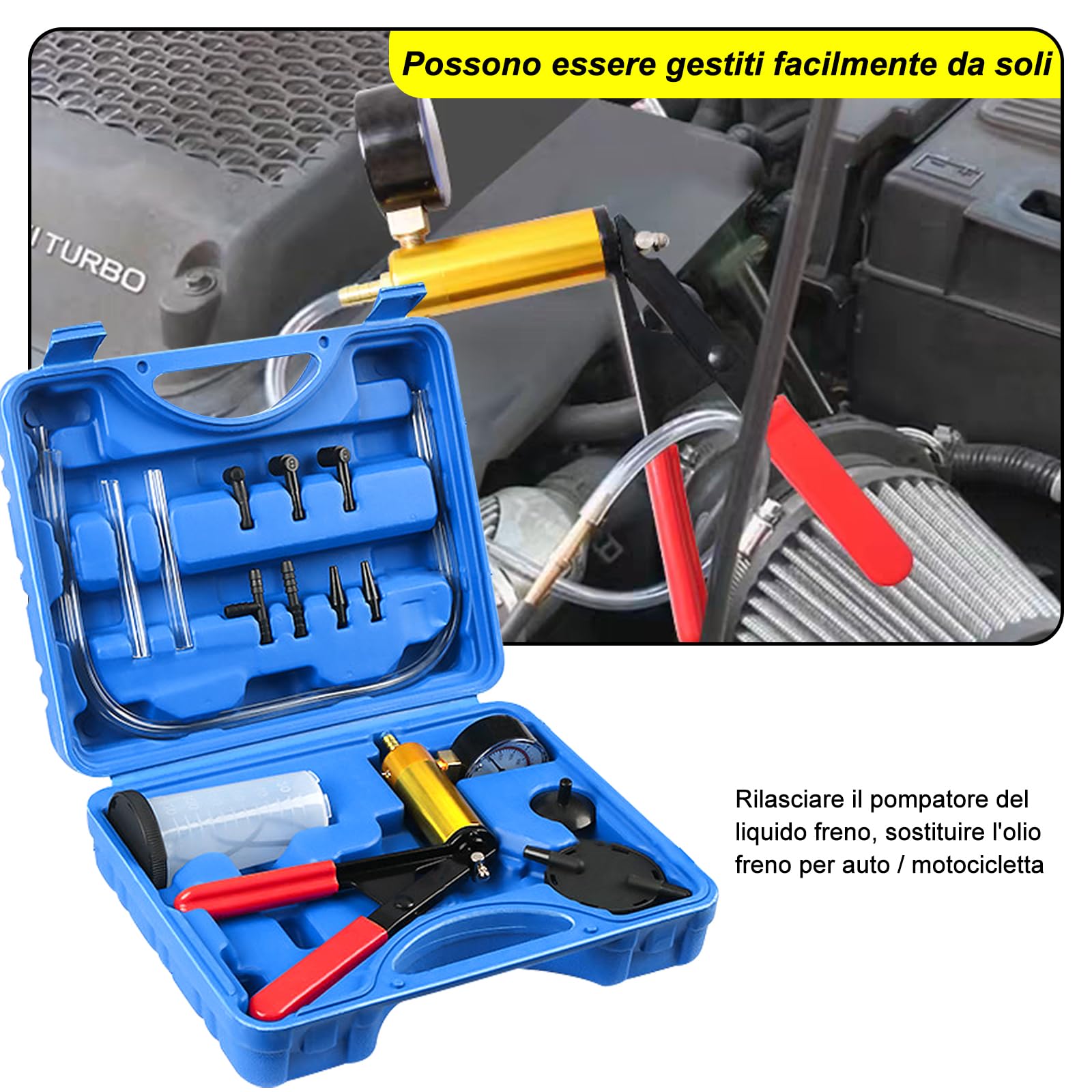 Vanwoke Pompe à Dépression Purge Purgeur Liquide de Frein Testeur à Vide Professionnel 2 en 1 Outil Kit Aspirateur Testeur pour Voiture Outil Manuelle Coffret Blue