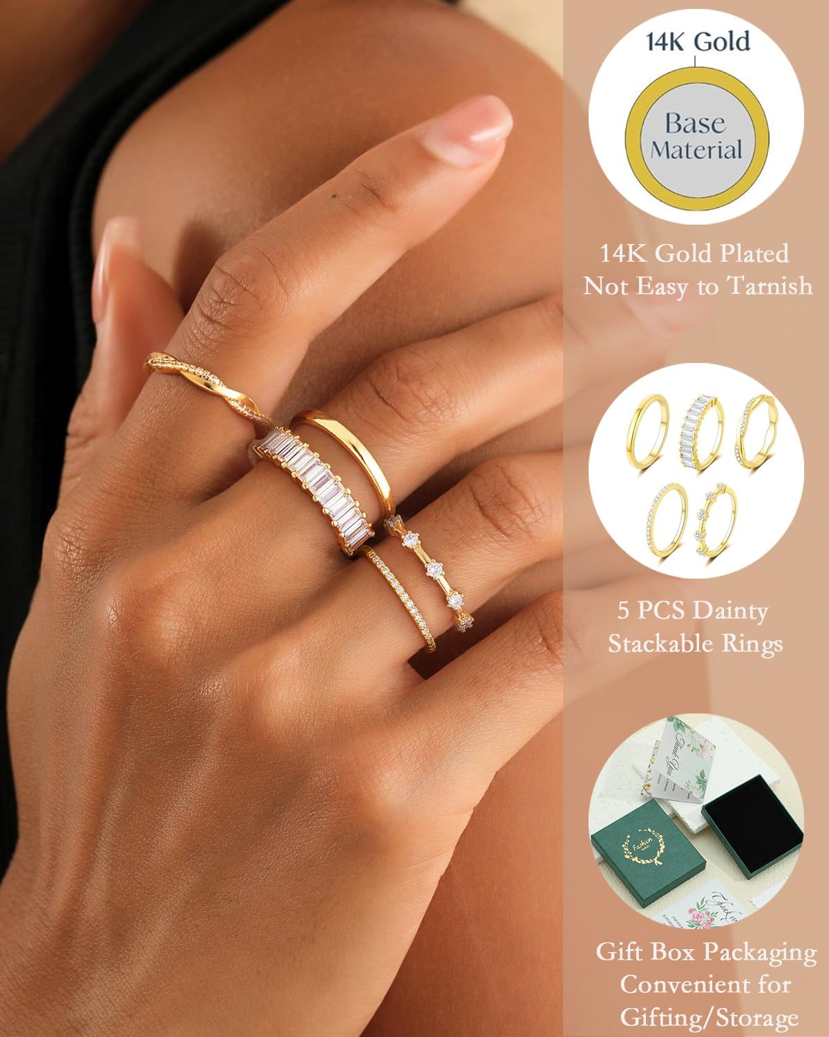 Stackable Silver/Gold Rings for Women Non Tarnish Trendy Dainty 14K Gold Plated Stacking Cubic Zirconia Thumb Ring Set Minimalist Promise Wedding Bands Engagement Rings for Women Size 6-10 - Image 2