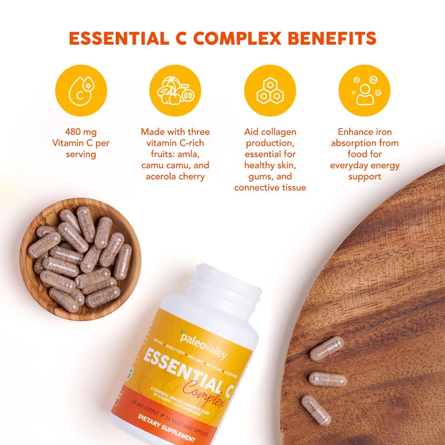 Paleovalley Essential C Complex, Whole Food Vitamin C Supplement, Organic Acerola Cherry, Camu Camu, Amla Berry, No Synthetic Ascorbic Acid, Immune Support Capsules, 450mg- Made in the USA — Amazon image 4