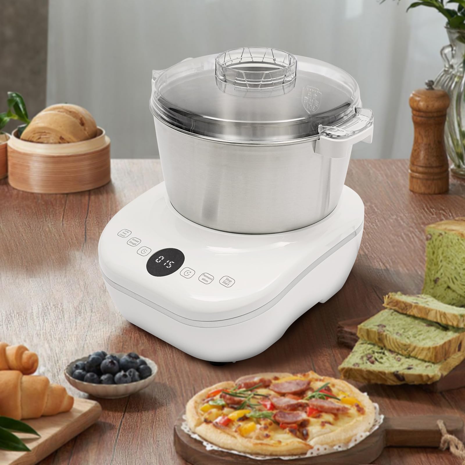 Electric Dough Maker with Ferment Function - Stainless Steel Dough Mixer for Pizza, Bread, Noodles & Dumplings - Versatile Kitchen Appliance (White)