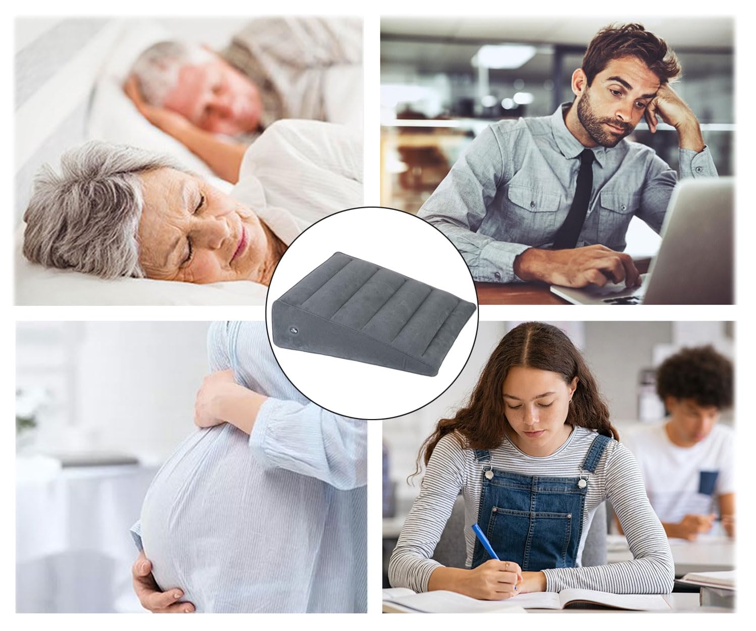 Almohada flocada,Almohadilla triangular,Almohada inflable,Almohada inflable portátil,Almohada de cuña,Cojín inflable flocado,Almohada de cuña inflable,ligera y fácil de transportar(Gris oscuro)