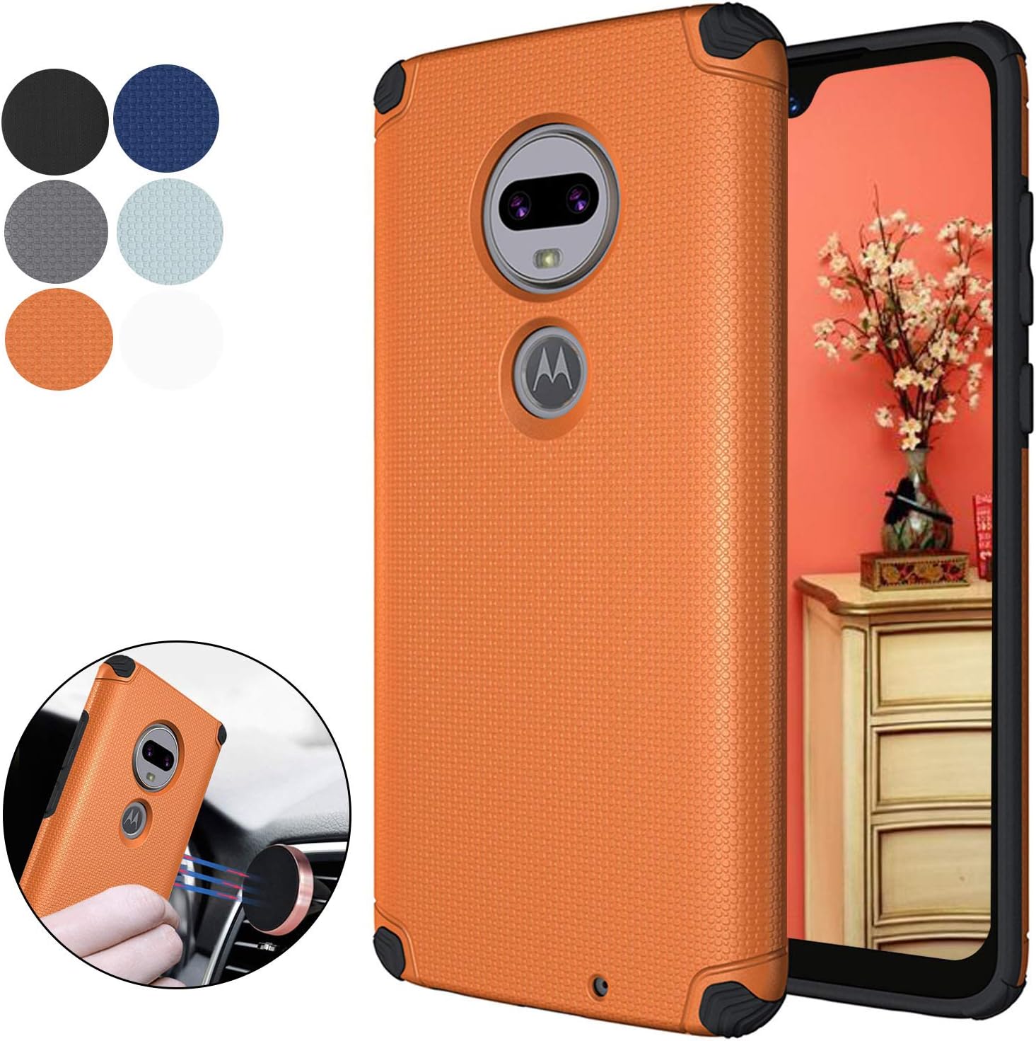Ownest Compatible Moto G7 Case/Moto G7 Plus Case,Anti-Scratch Silicone Plastic Shell Built-in Magnetic Metal Plate,Resistant Thin Lightweight Slim Protective Cases for Motorola Moto G7-Orange.