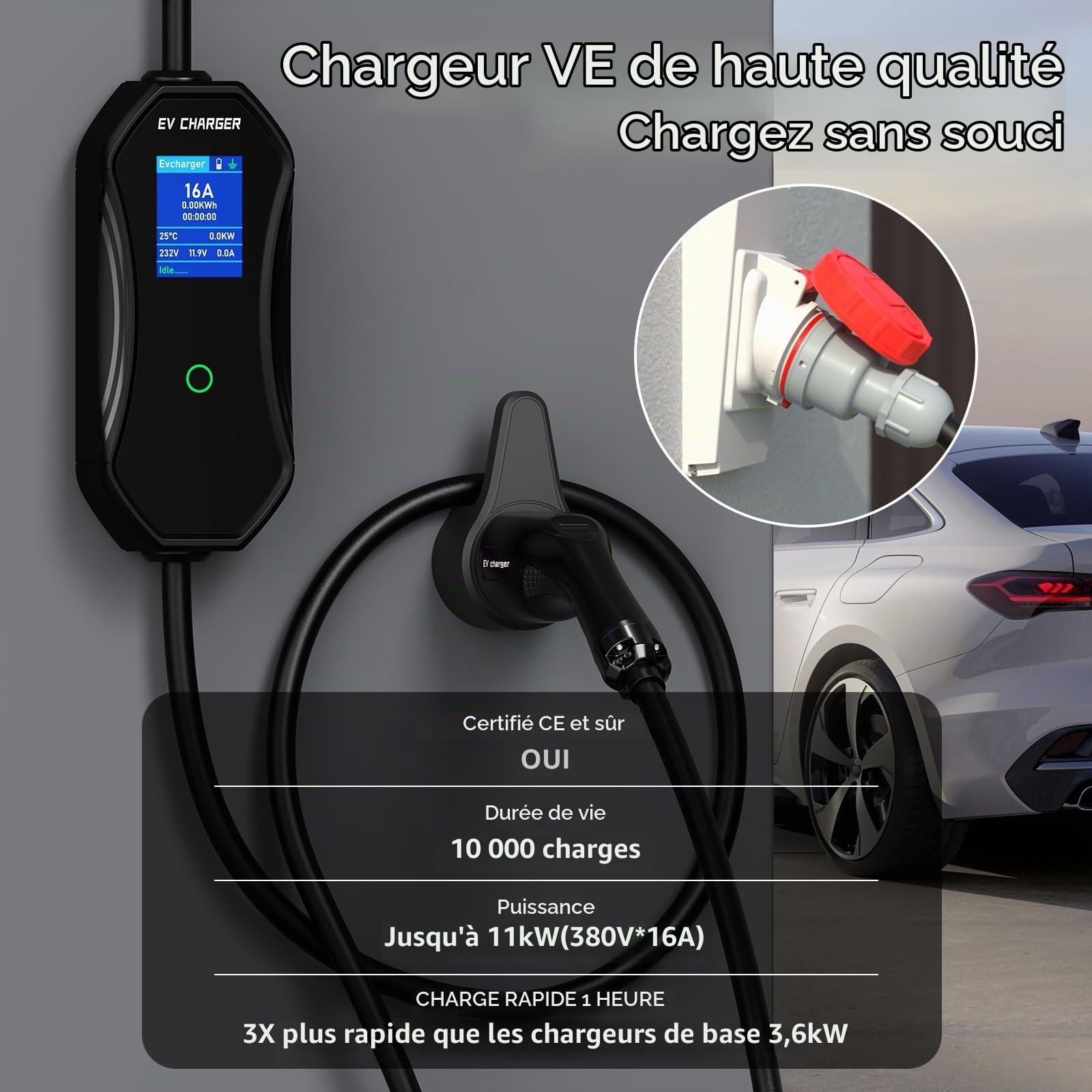 Chargeur Voiture Électrique 11kW, 8-16A Triphasé Type 2 CEE