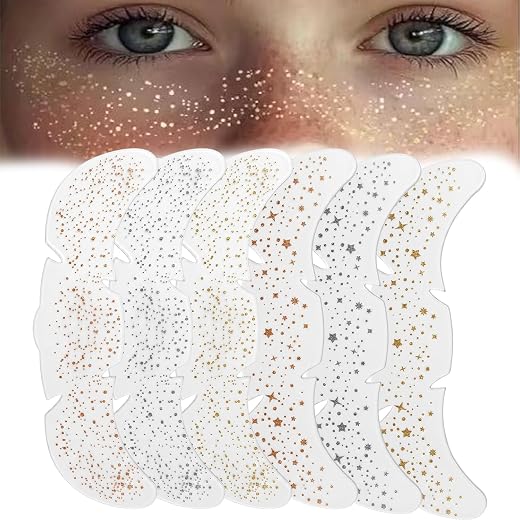 VAMA FASHIONS 6 Cards Temporary Silver Gold Rosegold Face Tattoo Stickers Waterproof Safe Skin Freckles Stars Small Dots G...