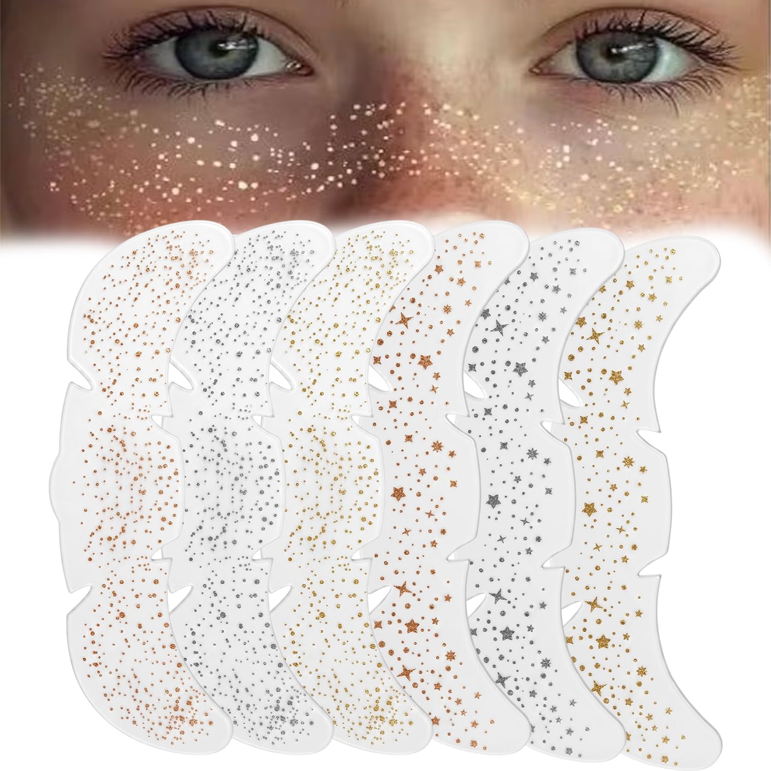 VAMA FASHIONS 6 Cards Temporary Silver Gold Rosegold Face Tattoo Stickers Waterproof Safe Skin Freckles Stars Small Dots Glitter Sparkle Eye Makeup Patches Accessories Festivals Parties Combo Set for Women & Girls-image-43