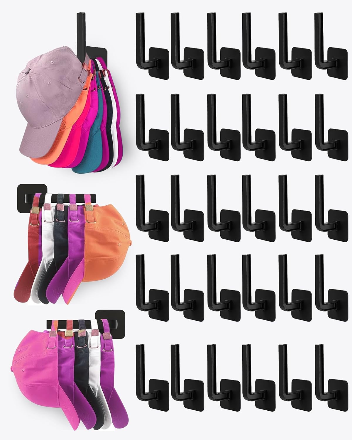 30-pack hat organizer with strong adhesive wall hooks