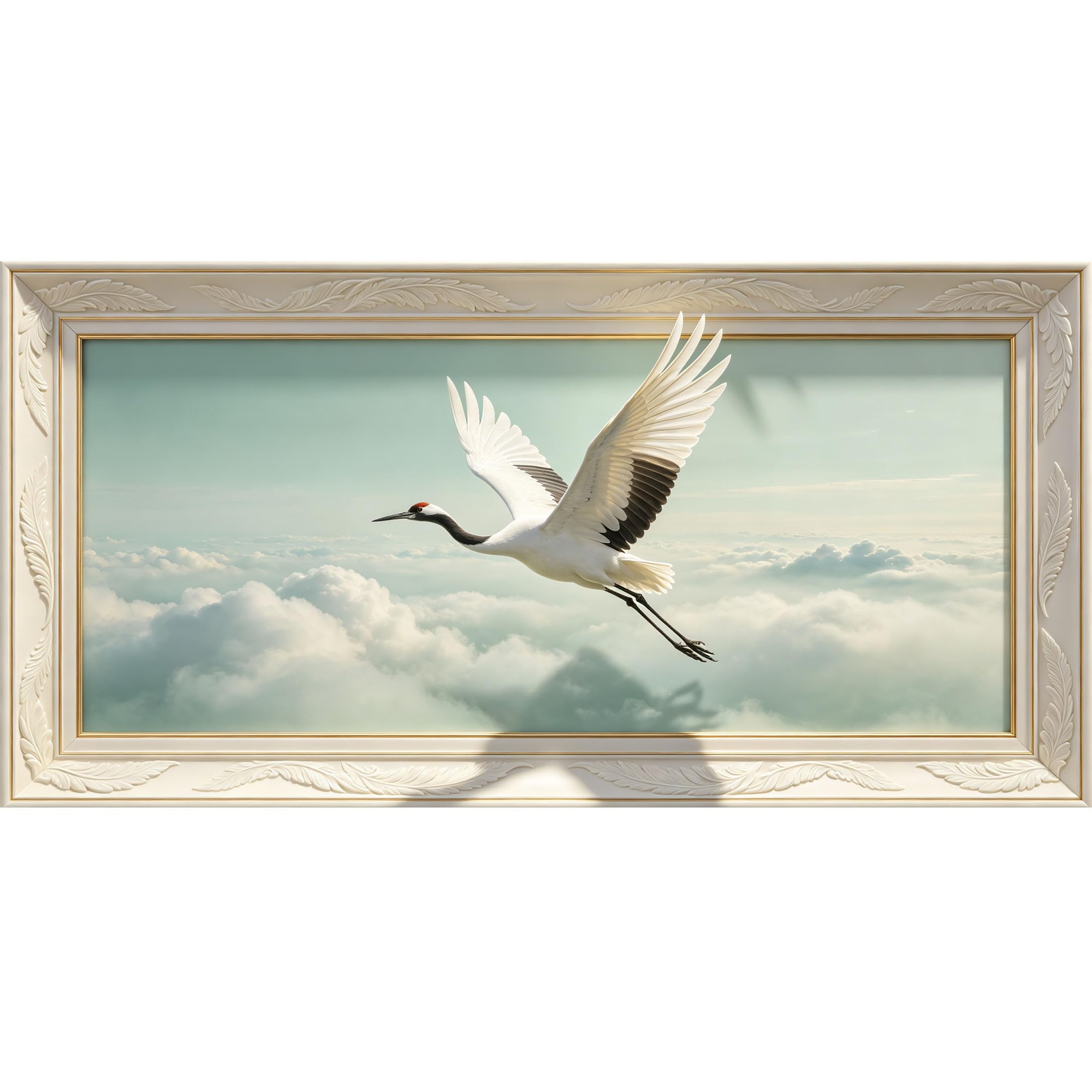 Agglomerix 3D Framed Wall Art RedCrowned Crane Flying Above Clouds Landscape Minimalist Trompe l'oeil Large Size SelfAdhesive Removable Wall Decor Prints Artwork for Living Room Bedroom Office