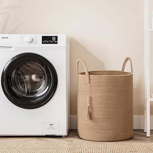 Miniatura 4 de UBBCARE Cesta alta para ropa sucia, 16 x 20 pulgadas, cesta grande de almacenamiento de cuerda tejida con asas, cesta de lavandería para mantas,