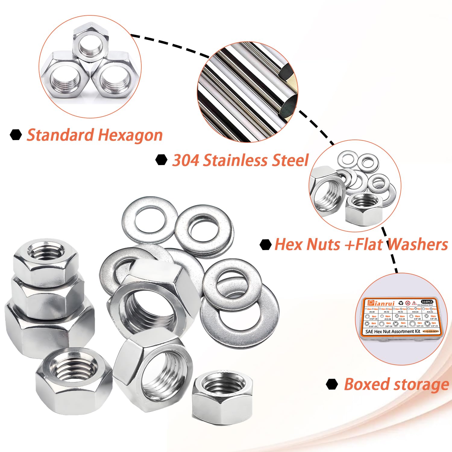 Dianrui 310PCS SAE Hex Nuts Assortment Kit with Flat Washers, 10 Size 304 Stainless Steel Hexnut Set Hardware Nuts #4-40,#6-32,#8-32,#10-24,#10-32,#12-24,1/4''-20,5/16''-18, 3/8''-16,1/2''-13