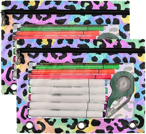 Vista 2 de Kcldeci Estuche para lápices para carpeta de 3 anillas, estampado de leopardo, lindos puntos de guepardo, paquete de 2 bolsas para lápices