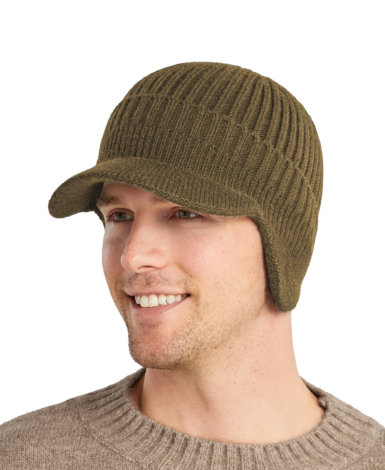 KoreshionMen's Winter Visor Beanie Hat with Earflaps Knit Baseball Cap with Brim Ski Hat Warm Fleece Lined Hunting Hat