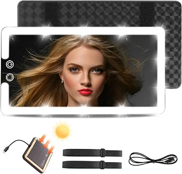 Upgraded Large Led Car Vanity Mirror with Solar&USB-C Charging,10" Sun Visor Mirror with 3-Color Dimmable Rechargeable LED Lights,Car Makeup Mirrors with Secure Reinforced Flexible Mount