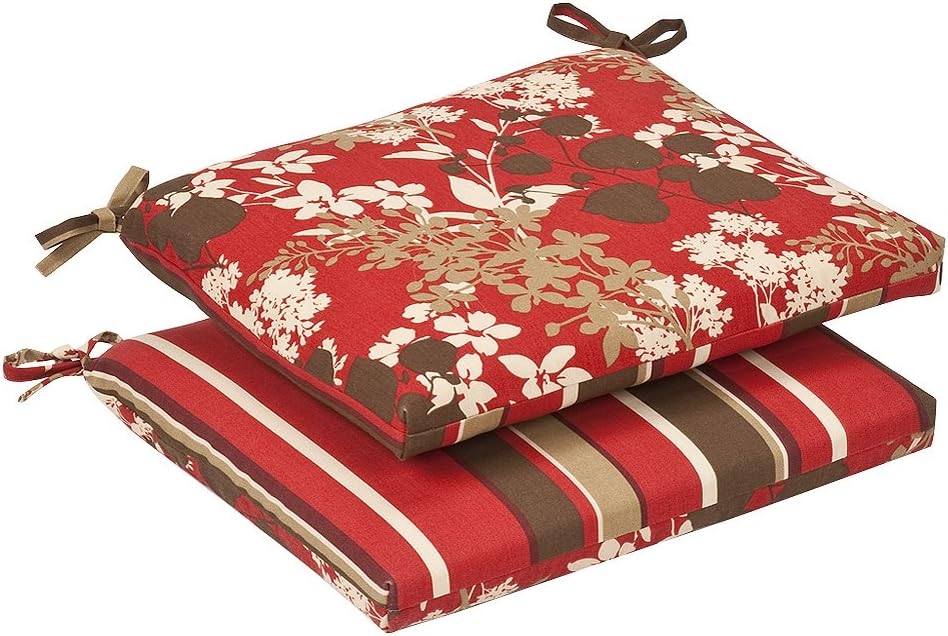 Pillow Perfect Reversible Floral Stripe Indoor/Outdoor Square Corner Chair Seat Cushion with Ties, Plush Fiber Fill, Weather, and Fade Resistant, 16" x 18.5", Brown/Red Monserrat, 2 Count