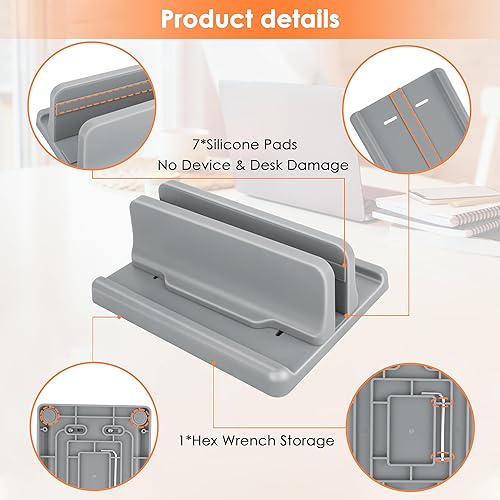 Miniatura 5 de Soporte vertical para laptop, plástico ABS, base ajustable de hasta 15 pulgadas, ahorro de espacio para MacBookSurfaceiPadMini PC (gris espacial)