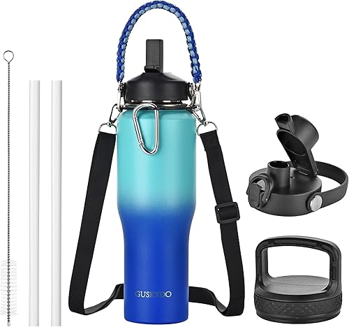 Botella de agua aislada de 32 onzas con asas de paracaídas, correa, tapa de popote y tapa de boquilla, vaso de agua de acero inoxidable de metal,