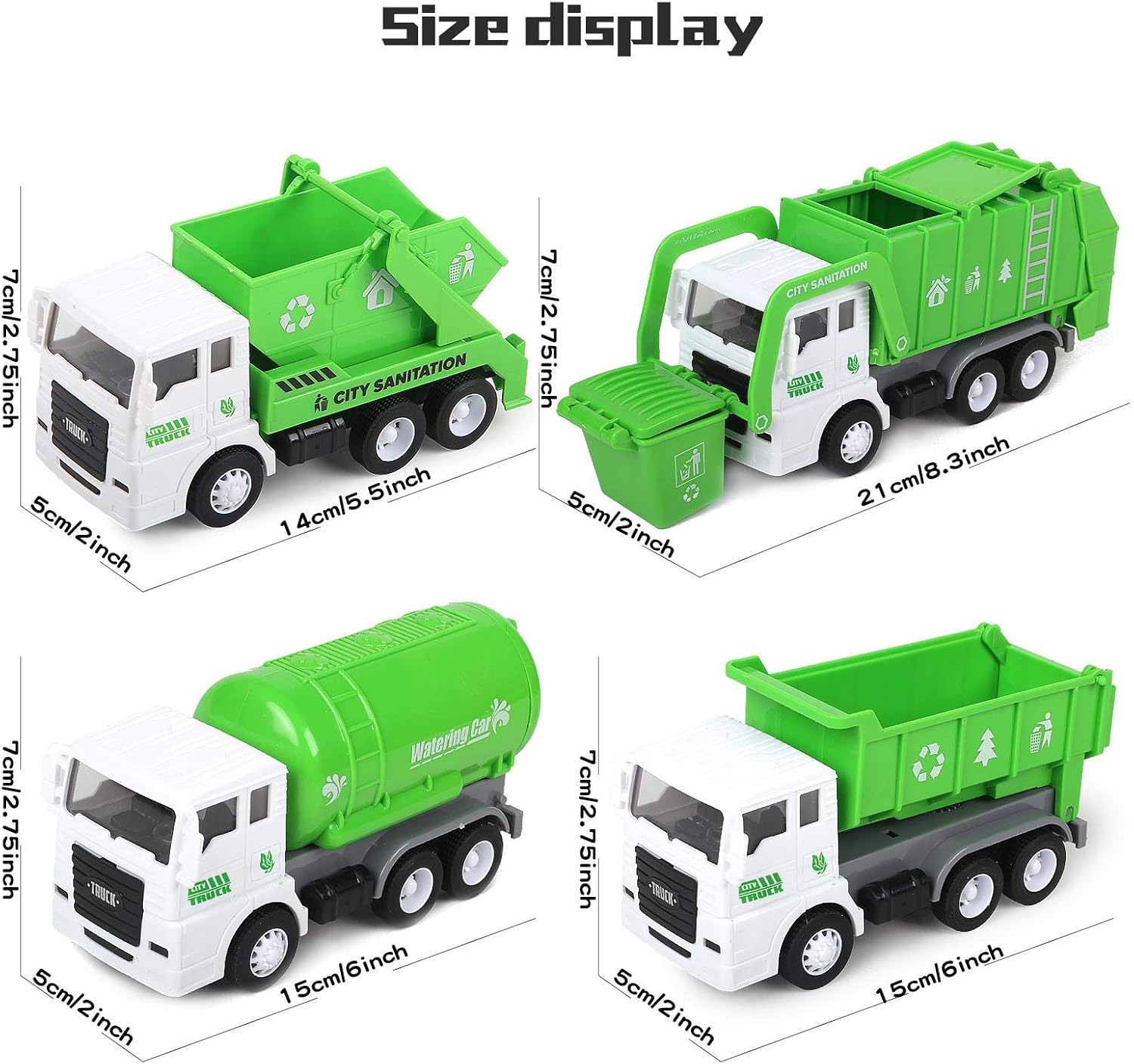 Garbage Truck Toys for Boys, 4 pcs 6" Friction Powered Trash Truck with Kids Playmat Car Rug, 8 pcs Roadblock Signpost, 4 Trash Bins with 108 pcs Trash Cards, Toy Gift for 3+ Years Old Kid