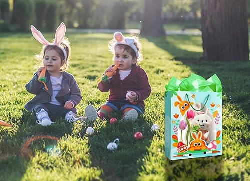 Miniatura 5 de WaaHome Bolsa de regalo de Pascua para niños – Bolsas de regalo grandes de conejo de Pascua de 11.5 pulgadas con papel de seda y asa, bolsa de