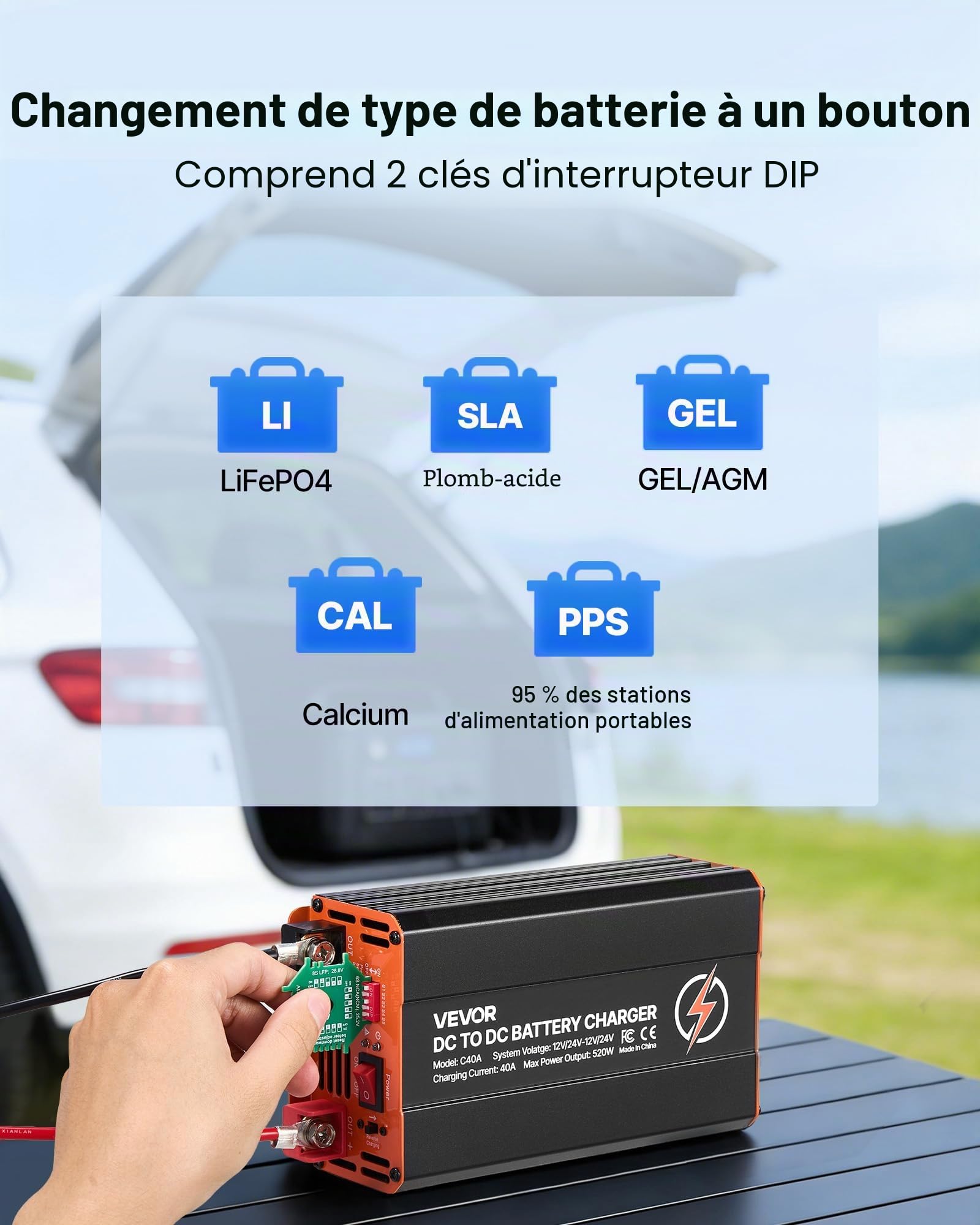 VEVOR Chargeur DC-DC 520 W 40 A Chargeur de Batterie DC-DC 12 V/24 V-12 V/24 V pour Alternateur Station Alimentation Camping-car Voiture Bateau, Compatible avec Batterie LiFePO4, Plomb-acide, AGM, GEL