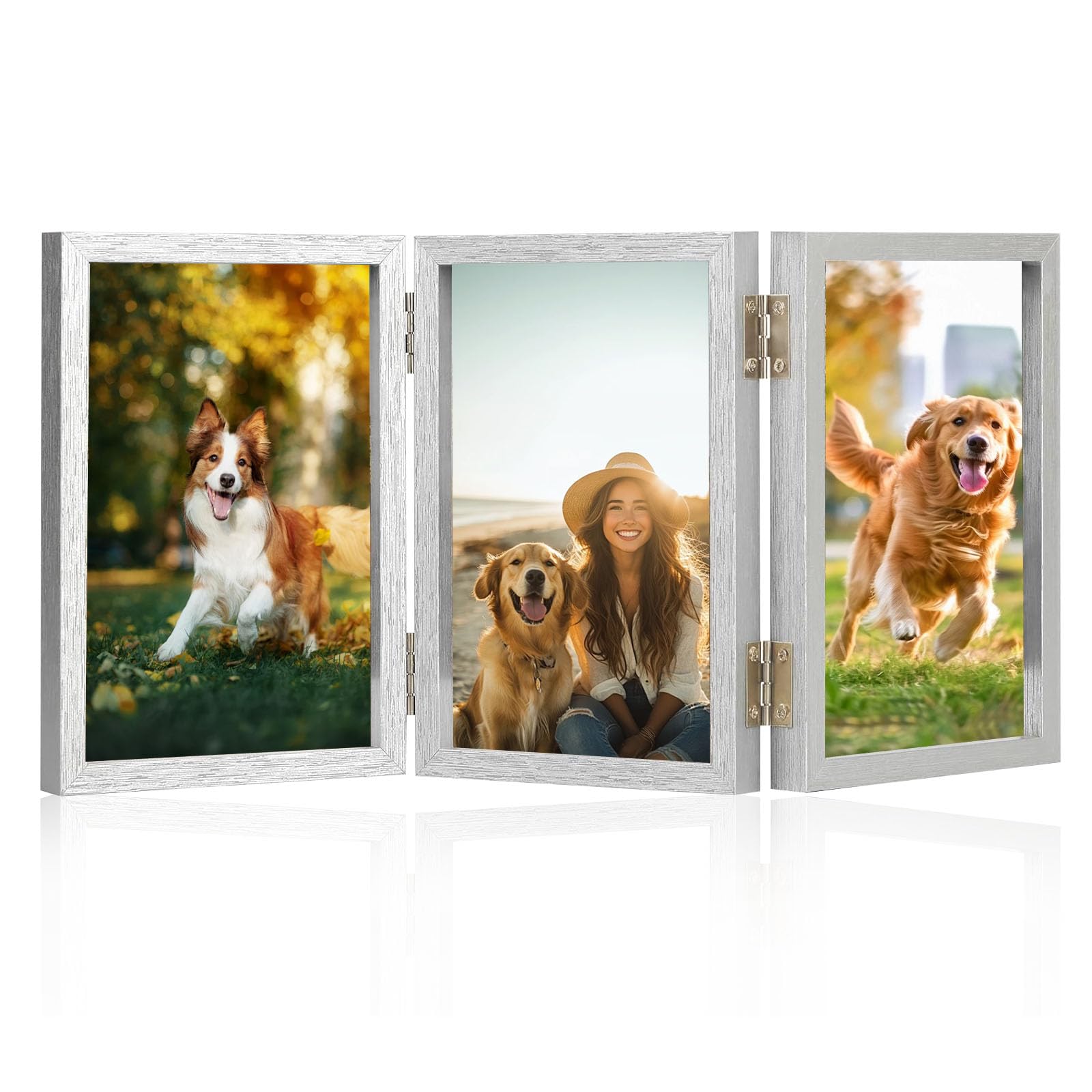 Hiuyavy Grey Trifold Photo Frame, 6X4 Inches Picture Frame Collage For 3 Photos, Hinged Triple Foldable Frames With Acrylic Plate 180° Foldable Hinged Picture Frame For Wedding Family Tabletop Desk Display (Grey)