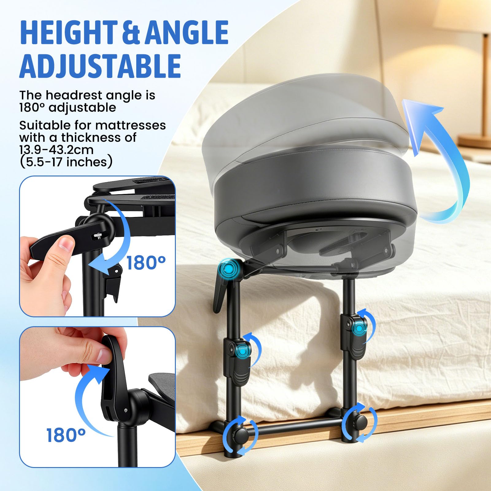 Reposacabezas de masaje para cama con marco y almohadilla ajustable, Soporte para colchón 14-45cm, Posición boca abajo tras operación ocular, Soporte facial colchón para hogar y salón de belleza, Gris