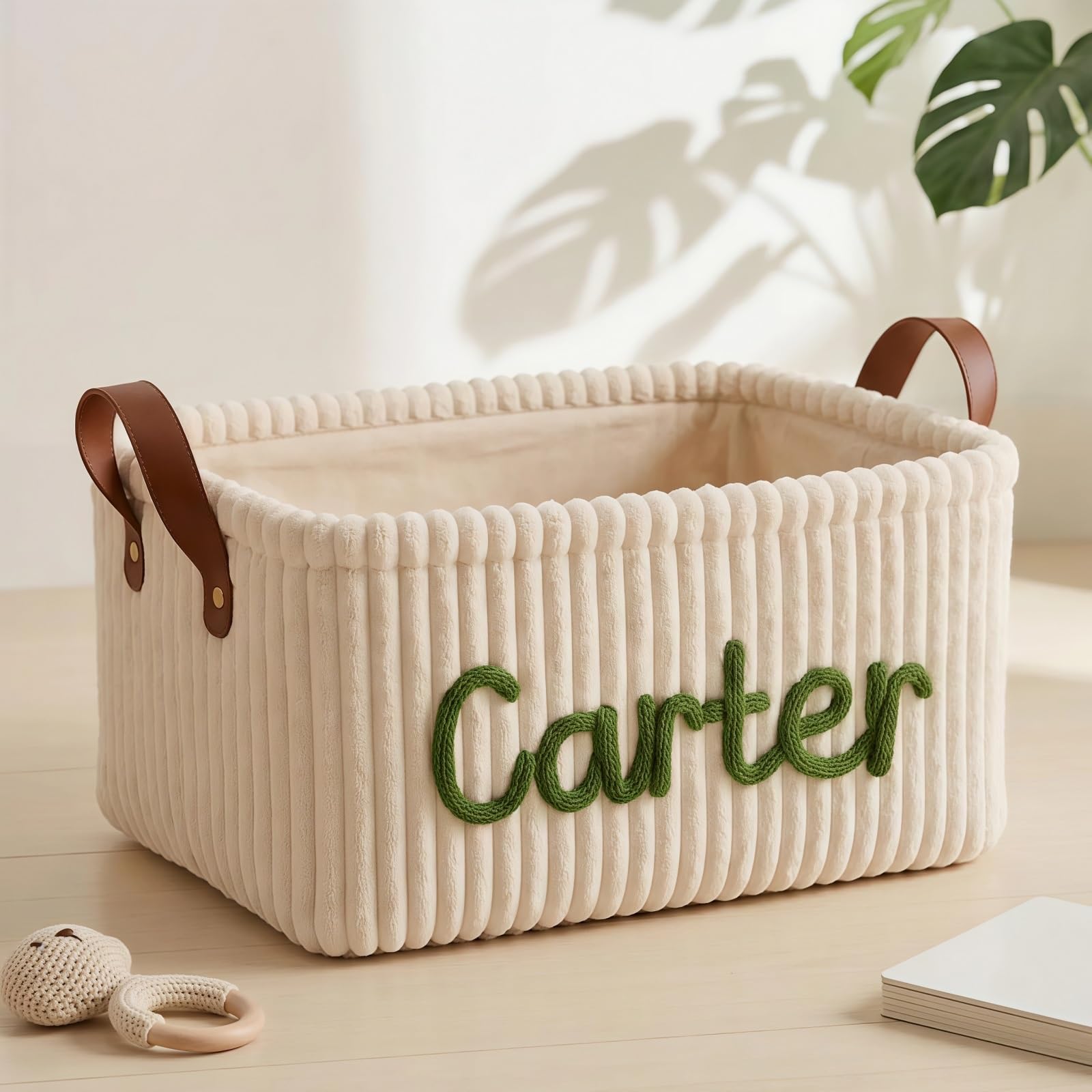 Personalized Corduroy Baby Storage Basket, Custom Yarn Name Laundry Hamper