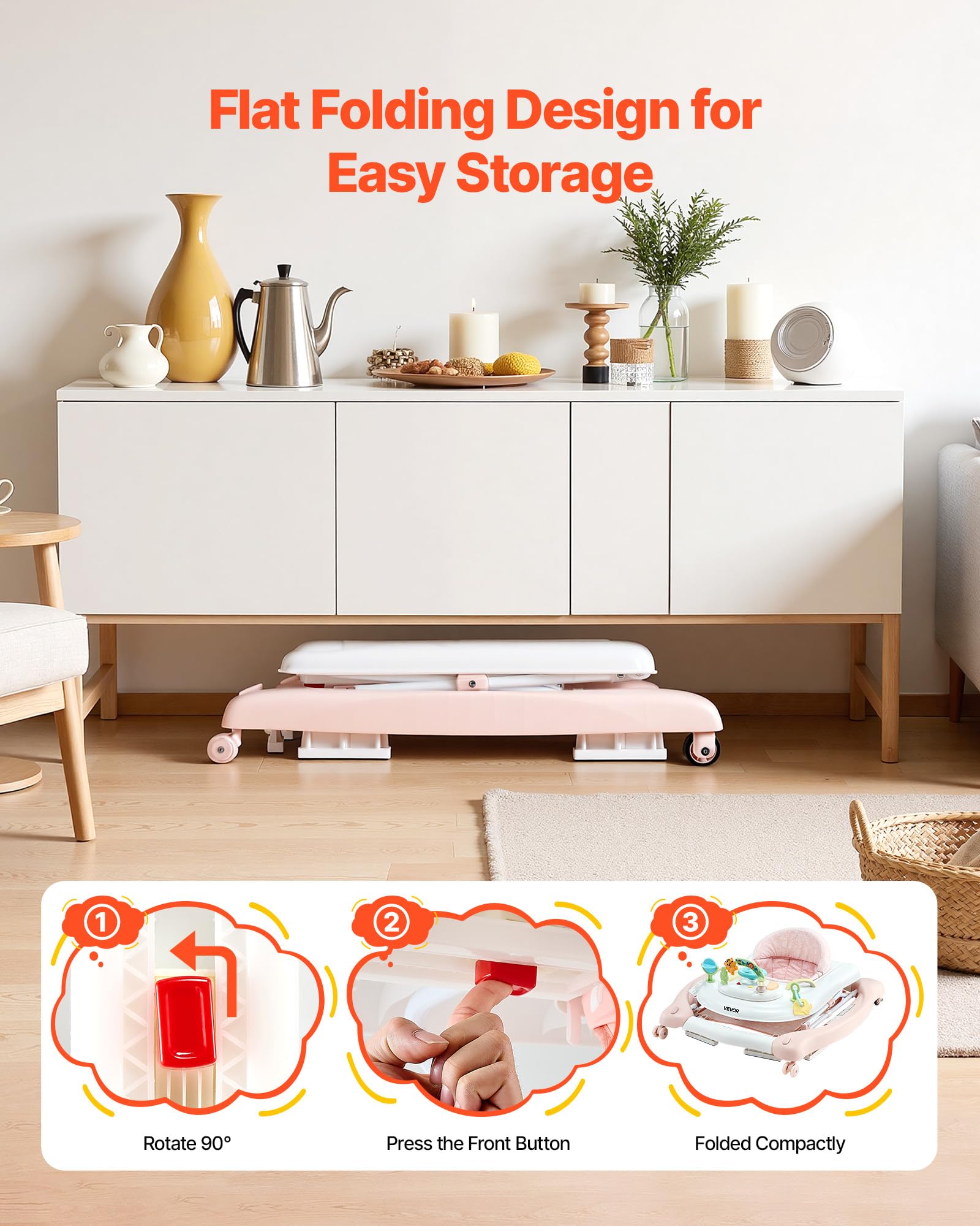 VEVOR Andador 5 en 1, Centro de Actividades Plegable con Ruedas, con Altura Ajustable y Cómodo Asiento de Respaldo Alto, Ayuda Antivuelco para Niños de 6 a 24 Meses, 720 x 665 x 530 mm, Rosa
