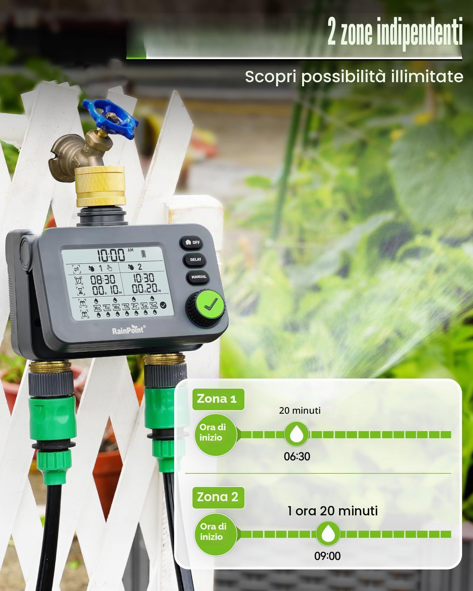 RAINPOINT Centralina Irrigazione 2 uscite con ingresso e uscita in ottone, Timer Irrigazione con ritardo della pioggia/modalità automatica e manuale, IP54/grande LCD, Computer di irrigazione giardino
