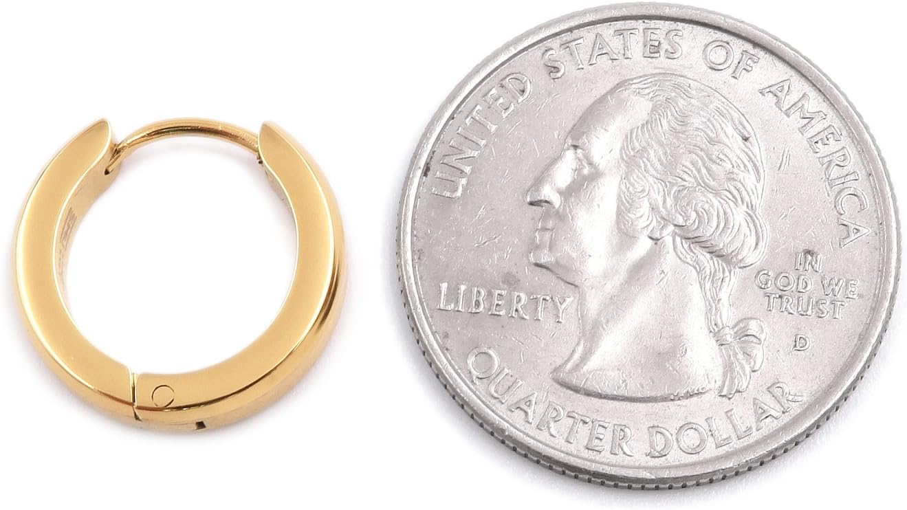 Pair Stainless Steel Bevel Edge Hoop Huggie Men Earrings Black Gold-tone Silver-tone 16mm - Image 3